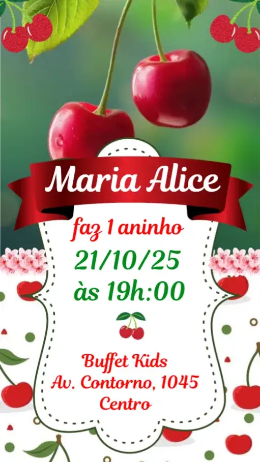 Convite Cerejinha – tema Aniversário Infantil colorido, divertido, lúdico, frutal, alegre, infantil