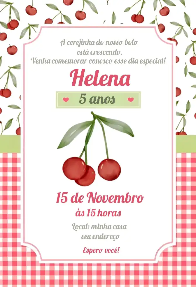 Convite Cerejinha – tema Aniversário Infantil aquarela, colorido, divertido, infantil, doce, floral