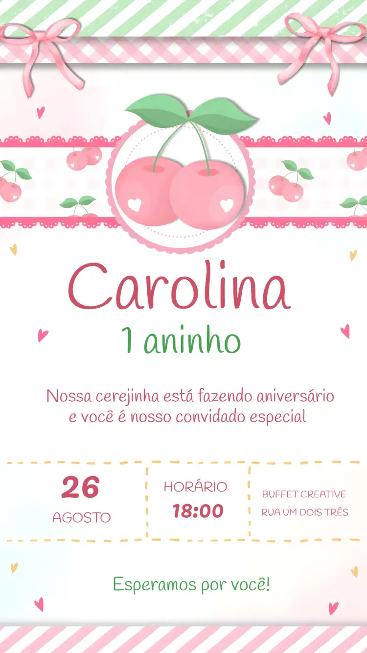 Convite Cerejinha Do Bolo Menina – tema Mais pesquisados delicado, infantil, rosa, colorido, lúdico