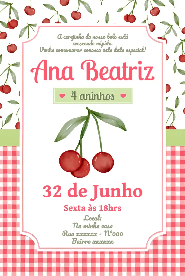 Convite Cerejinha Vermelho – tema Mais pesquisados xadrez, frutas, colorido, divertido, infantil