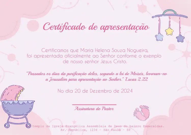 Convite Cerificado Apresentação Igreja Assembleia – tema Batizado floral, minimalista, dourado, moderno, suave, pastel