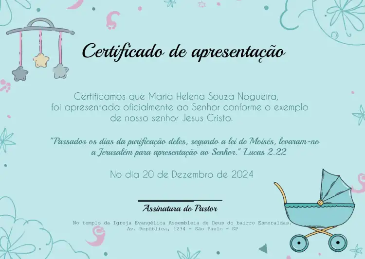 Cerificado De Apresentação Igreja Pastor