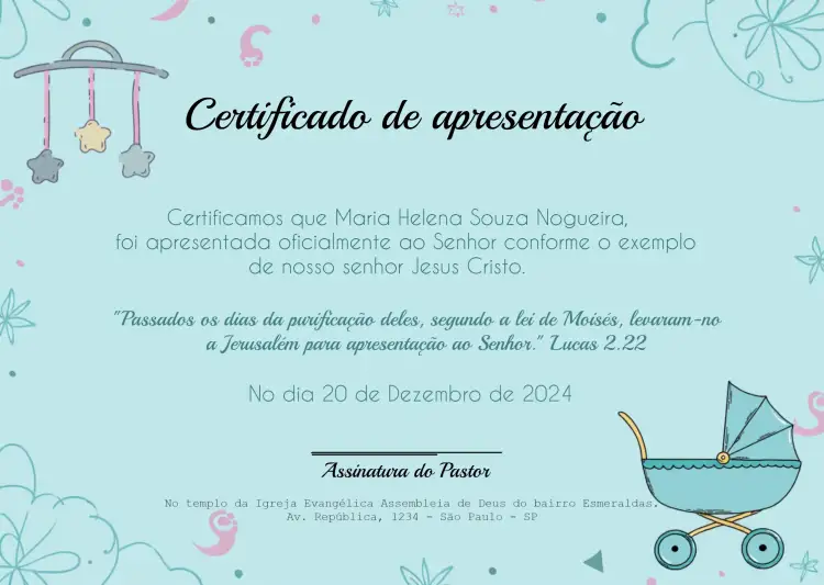 Convite Cerificado De Apresentação Igreja Pastor – tema Batizado religioso, minimalista, clássico, colorido, moderno