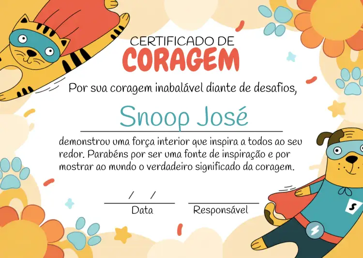 Convite Cerificado De Coragem Pets Dog – tema Mais pesquisados colorido, moderno, divertido, ilustrações de pets, visual alegre, estilo contemporâneo