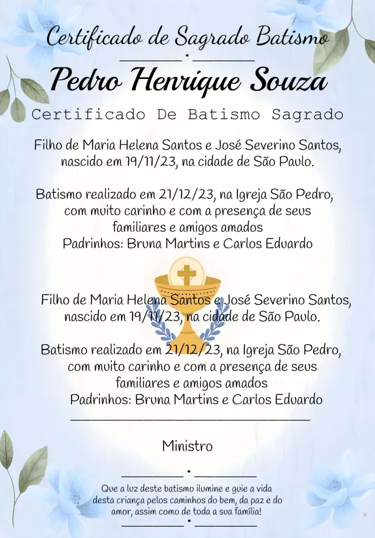 Convite Certificado De Batismo Cerimonia – tema Primeira Comunhão sagrado, minimalista, moderno, clássico, azul pastel, dourado