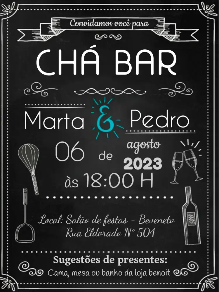 Convite Chá Bar Quadro Negro Branco – tema Chá de Panela quadro negro, preto e branco, moderno, culinária, elegante, minimalista