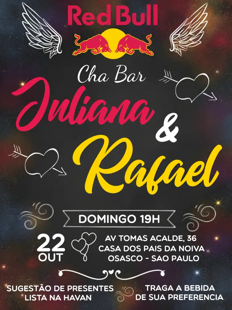 Convite Chá Bar Red Bull Cha – tema Chá de Panela chalkboard, moderno, vibrante, divertido, jovem, colorido