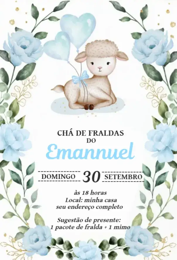 Convite Chá de fraldas ovelhinha menino – tema Chá de Fraldas aquarela, floral, azul, delicado, infantil, adorável