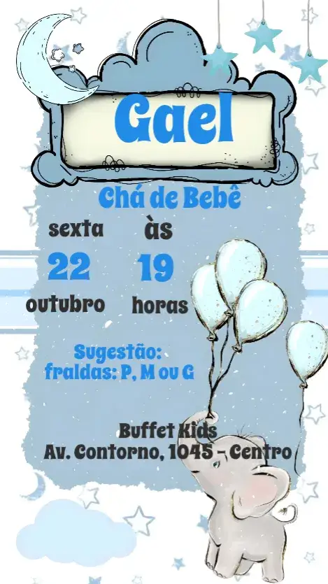 Convite Cha de Bebê – tema Chá de Fraldas azul claro, estilo moderno, elementos gráficos de bebê, ilustrações fofas, design minimalista, toques lúdicos