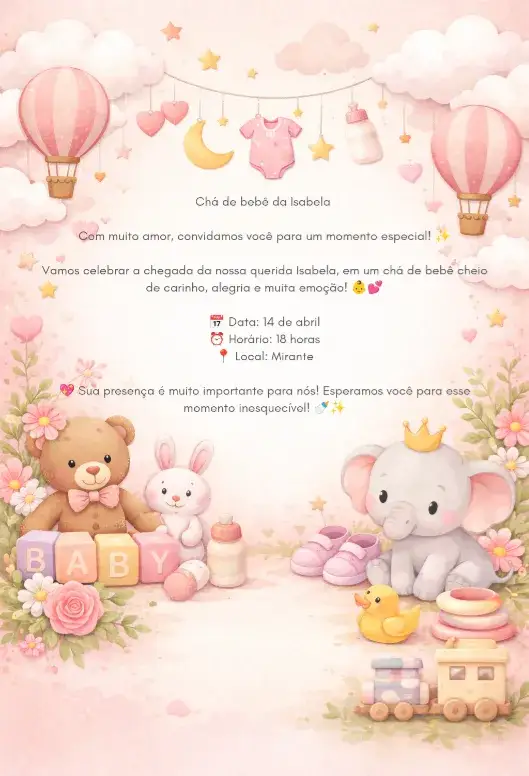 Convite Chá de bebê – tema Cartão urso, pastel, branco e azul, divertido, ilustrações fofas