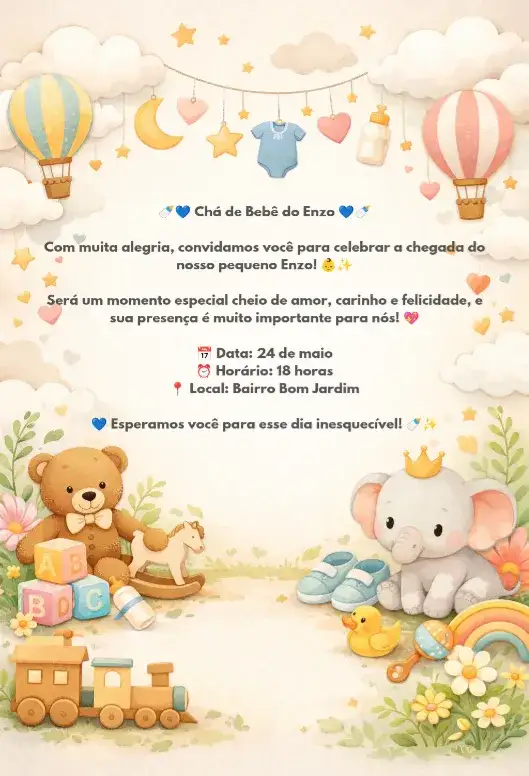 Convite Chá de bebê – tema Cartão urso, pastel, animais fofos, branco e azul, lúdico, divertido