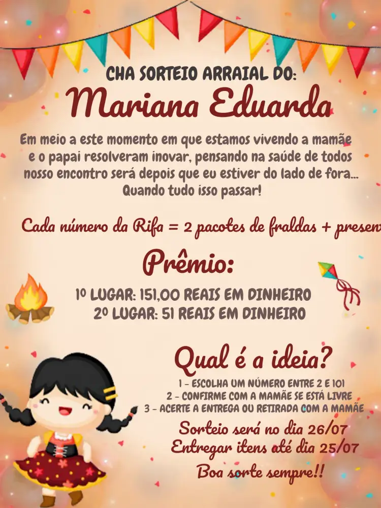 Convite Chá De Bebê Arraiá Cinza – tema Chá de Panela junino, cinza e rosa, colorido, vintage, lúdico, festivo