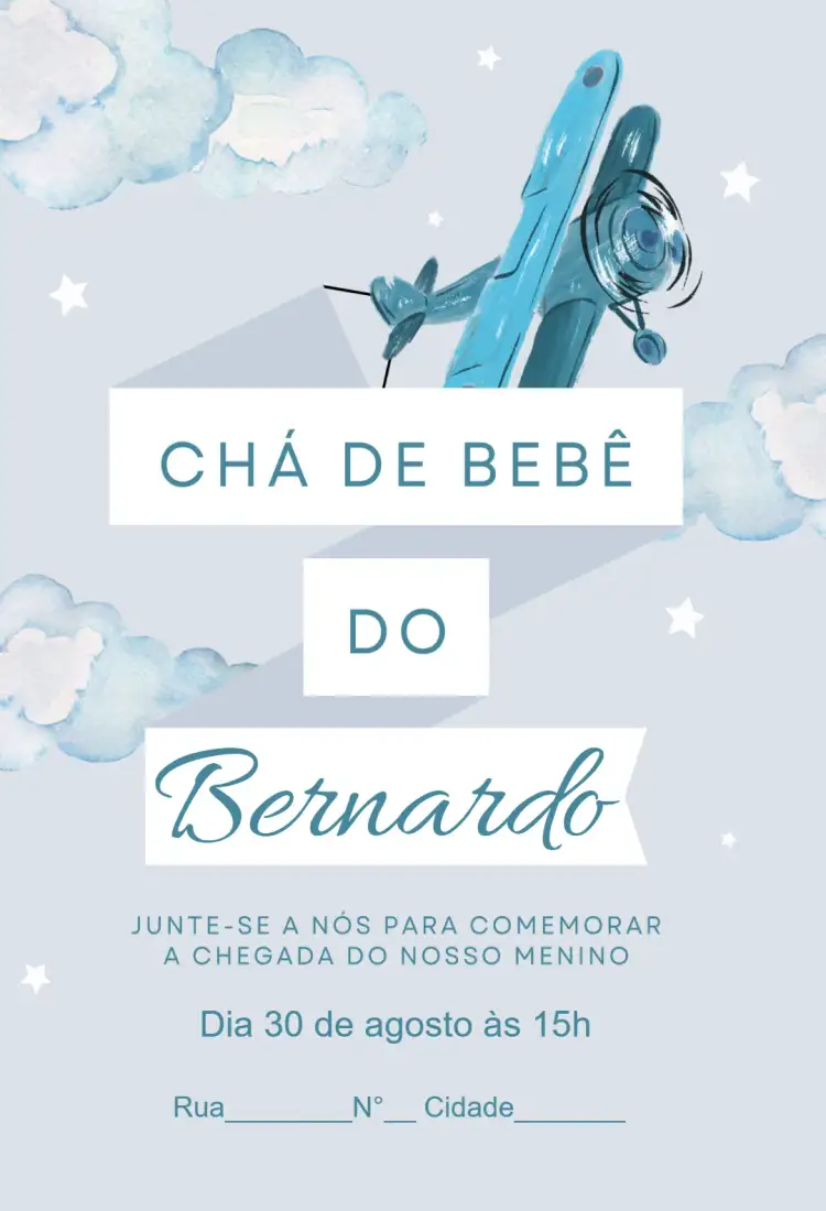Invitation Baby Shower - Airplane – Diaper Shower theme aviator, light blue, clouds, white and blue, fun, childlike