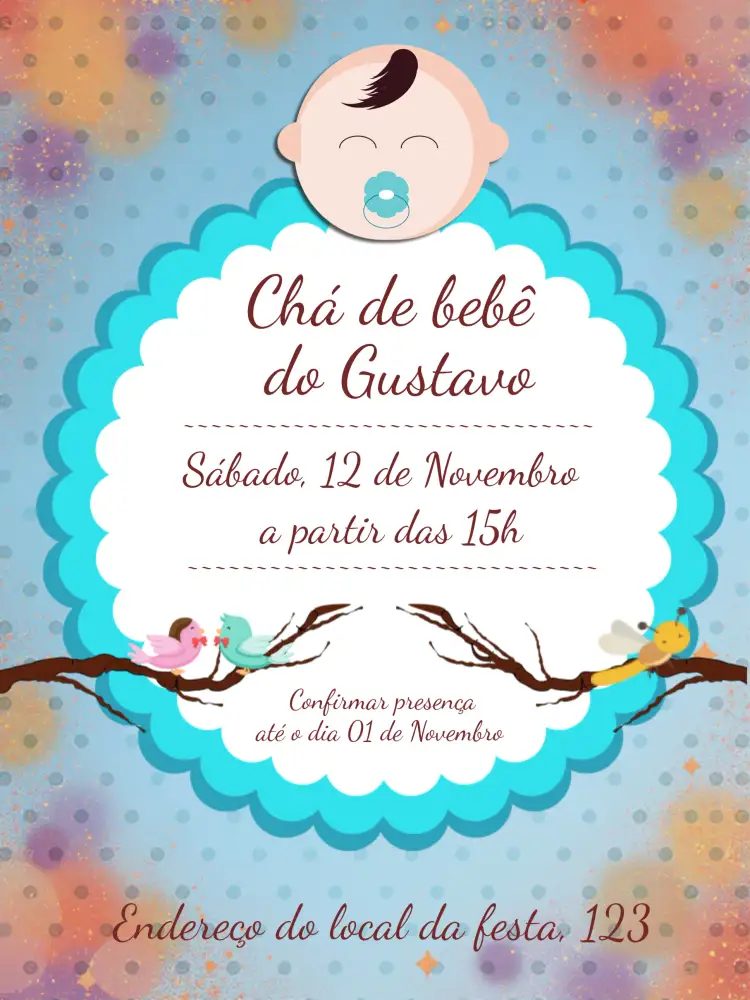 Convite Chá De Bebê Azul - Menino Fraldas – tema Chá de Fraldas azul suave, pássaros, infantil, delicado, moderno, divertido