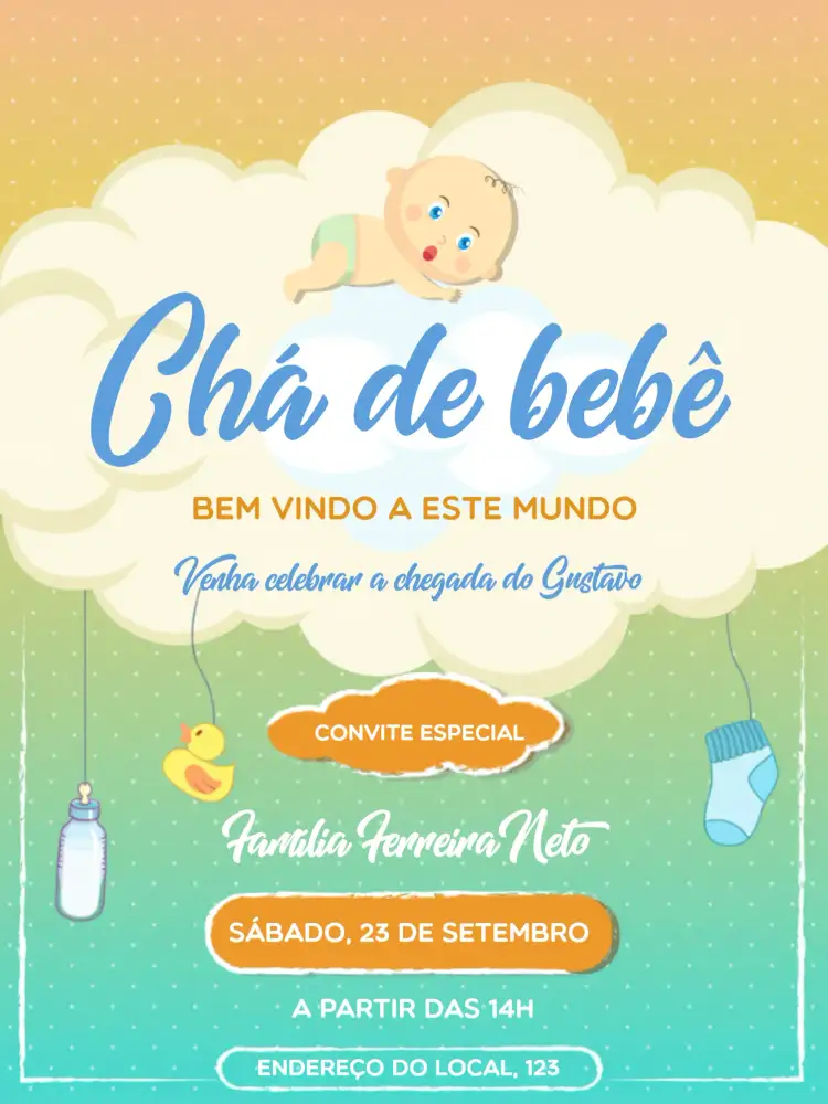 Convite Chá De Bebê Azul - Menino Mamadeira – tema Chá de Fraldas azul, mamadeiras, divertido, infantil, moderno, brincalhão
