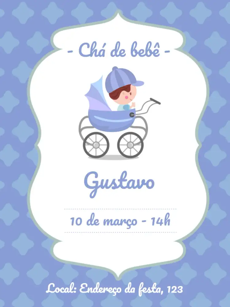 Convite Chá De Bebê Azul - Menino Neném – tema Chá de Fraldas azul claro, carrinho de bebê, divertido, moderno, infantil