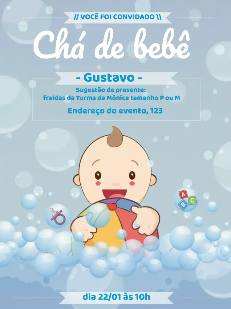 Convite Chá De Bebê Azul - Menino Neném