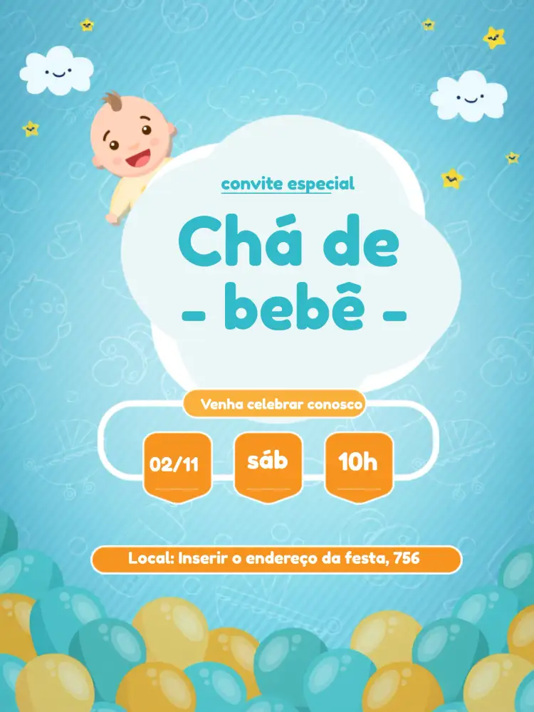Convite Chá De Bebê Azul - Menino Nuvem – tema Chá de Fraldas azul claro, nuvens fofas, balões coloridos, estilo infantil, design moderno, toques lúdicos