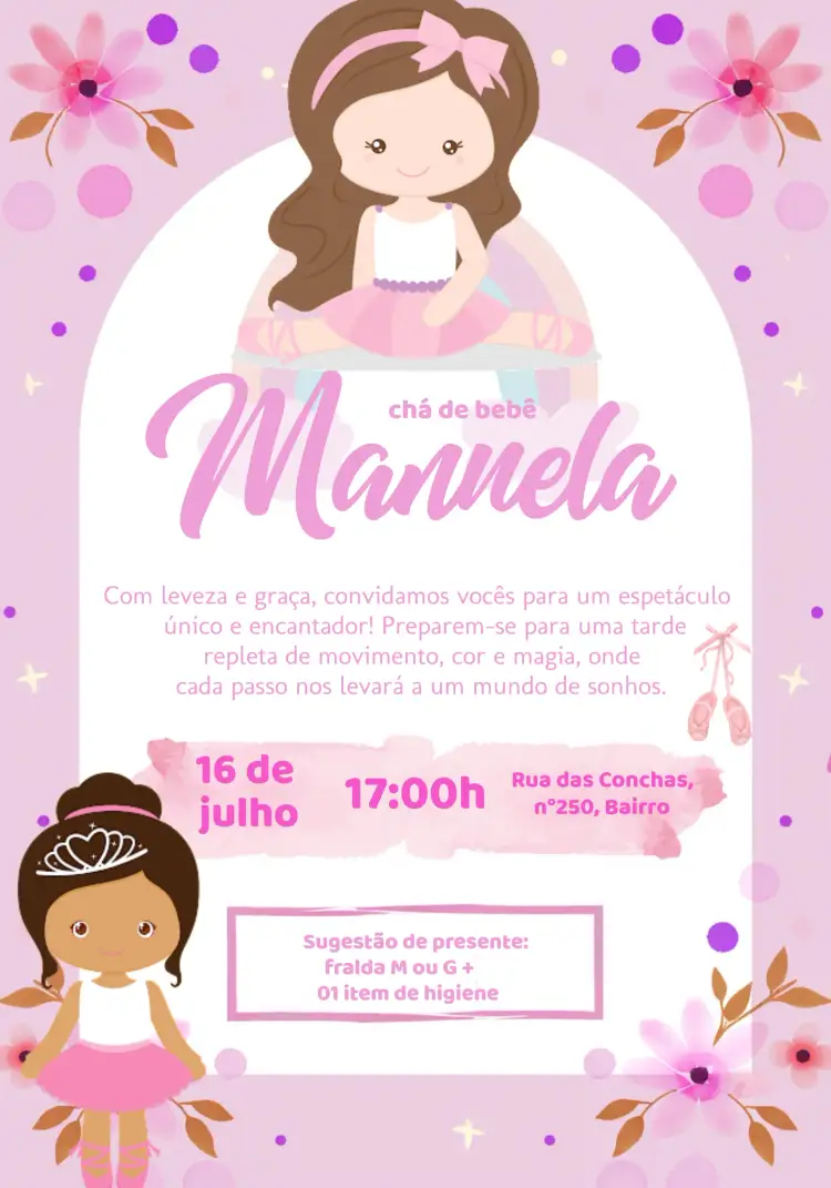 Convite Chá De Bebê Bailarina Fraldas – tema Chá de Fraldas floral, bailarina, rosa, delicado, moderno, infantil