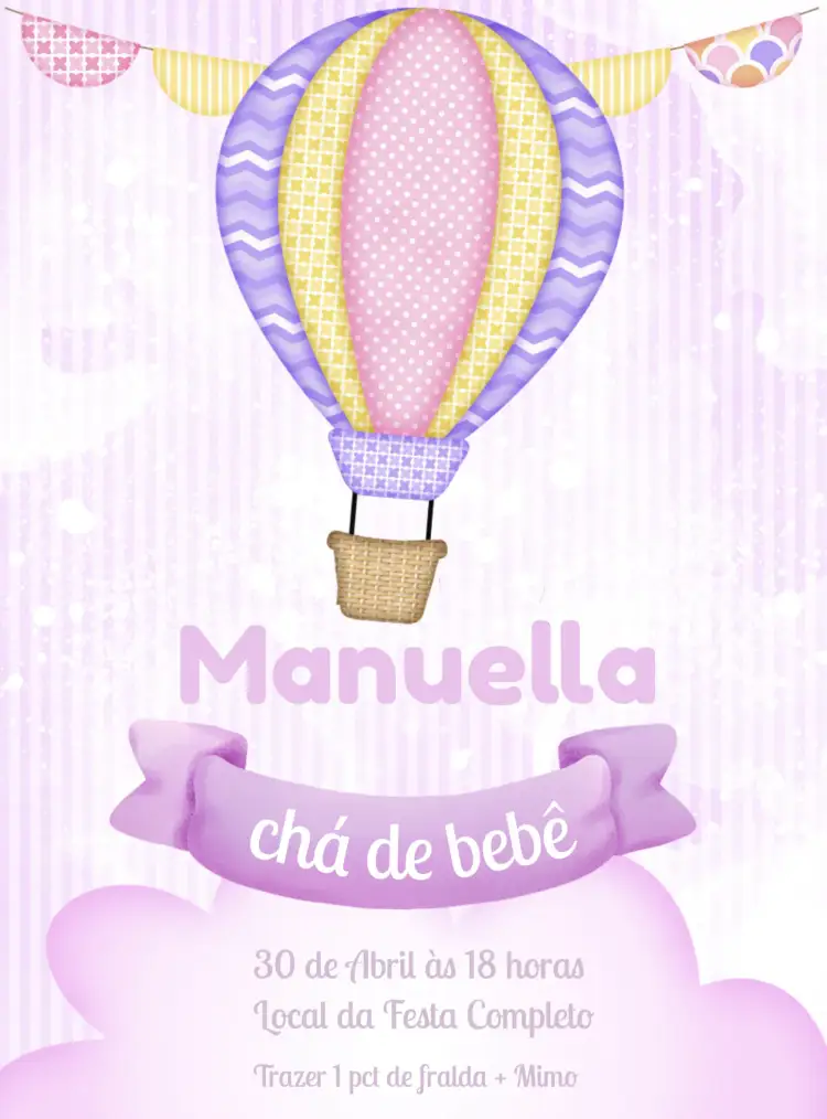 Convite Chá De Bebê Balão Fraldas – tema Chá de Fraldas aquarela, rosa, balões, ilustrações infantis, divertido, colorido