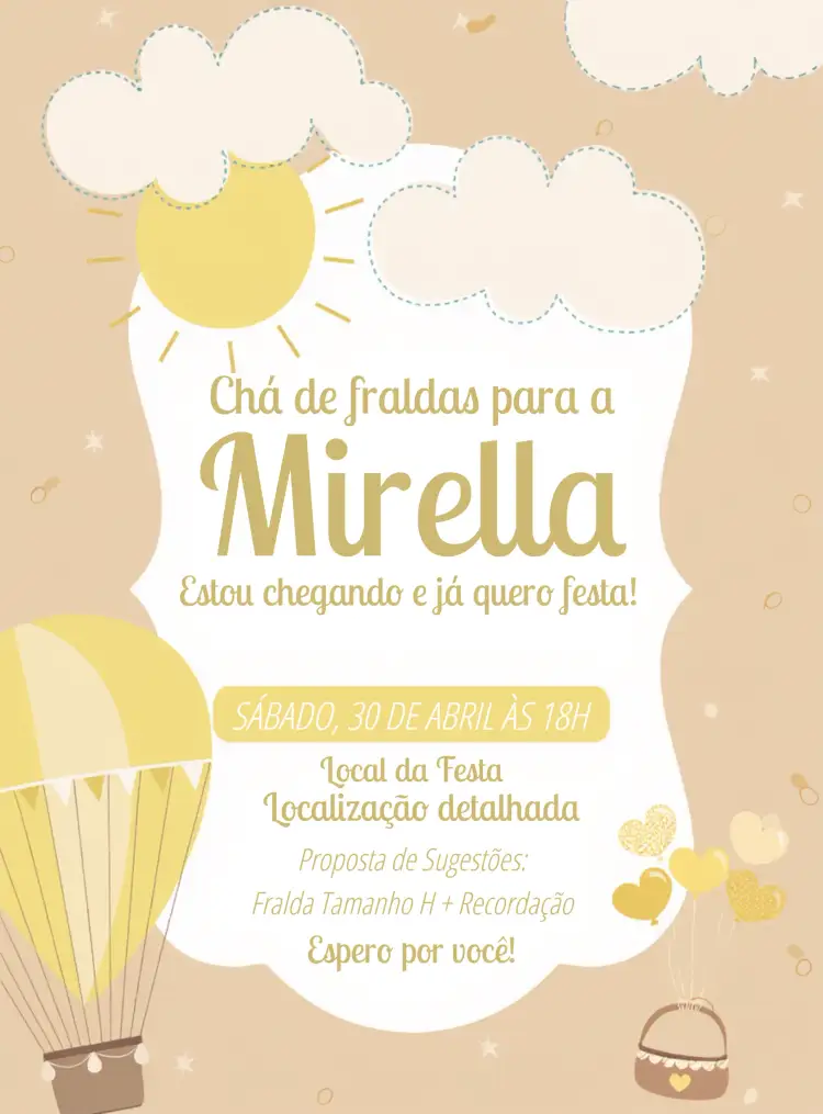 Convite Chá De Bebê Balão Fraldas – tema Chá de Fraldas balões coloridos, amarelo vibrante, design divertido, elementos infantis, estilo alegre, ilustrações fofas