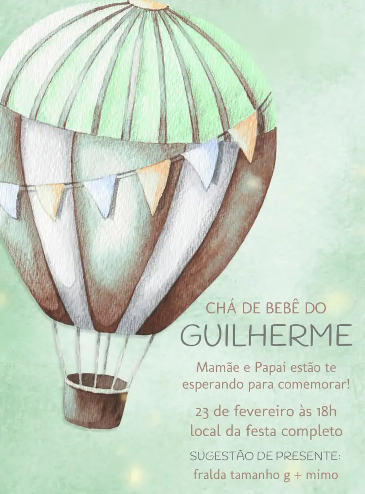 Convite Chá De Bebê Balão Presente – tema Chá de Fraldas aquarela, colorido, festivo, divertido, moderno