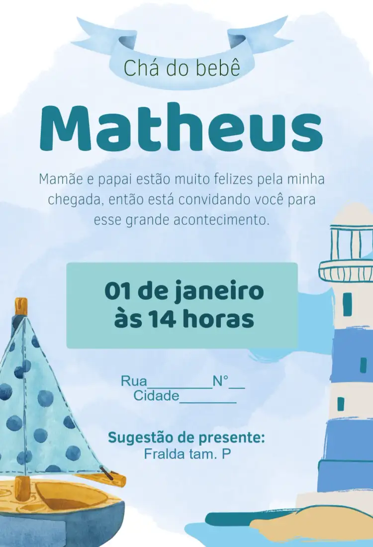 Convite Chá de bebe - Barco – tema Chá de Fraldas náutico, brincalhão, azul e branco, infantil, divertido