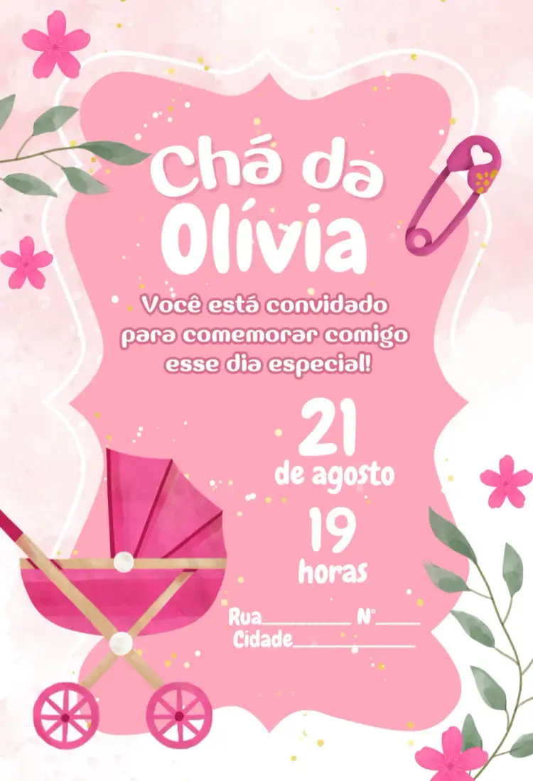 Convite Chá de bebe - Carrinho – tema Chá de Fraldas pastel, fofo, ilustrações de bebê, carrinho de bebê, colorido, divertido