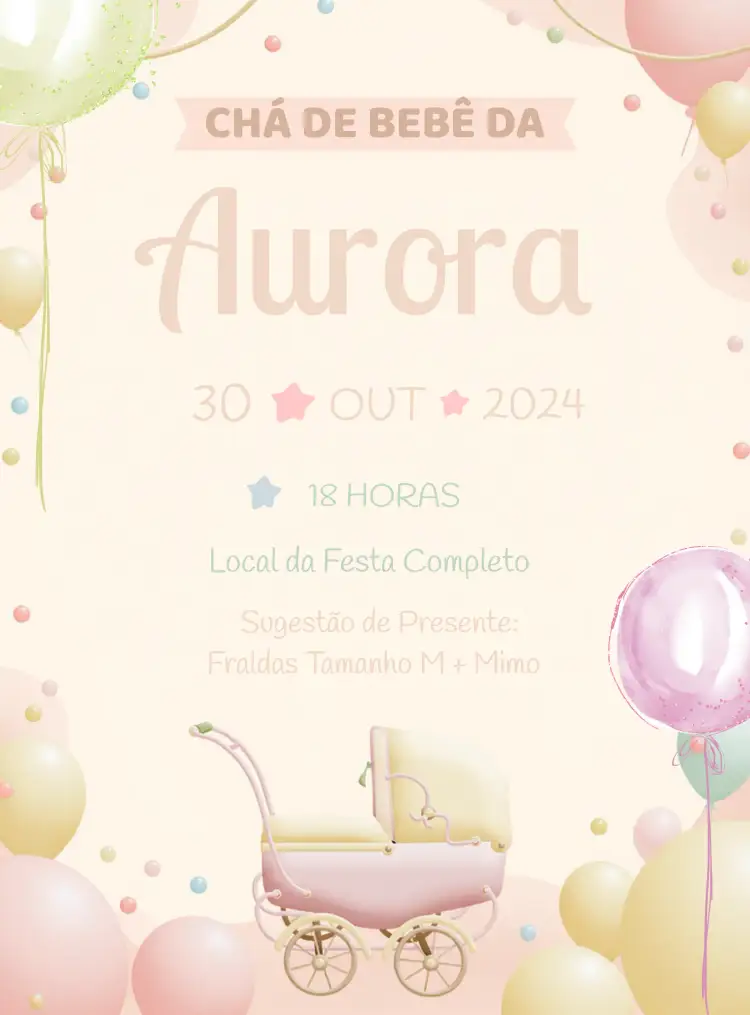Convite Chá De Bebê Carrinho Aquarela – tema Chá de Fraldas aquarela, delicado, infantil, rosa, balões, suave
