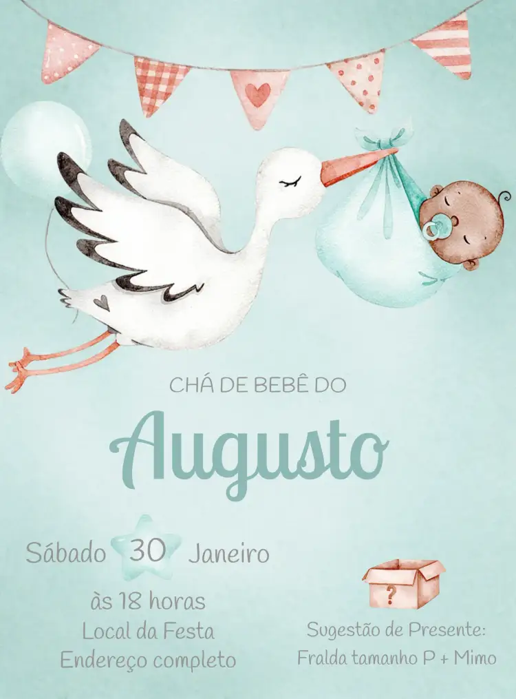 Convite Chá De Bebê Cegonha Aquarela Fraldas – tema Chá de Fraldas aquarela, rosa e verde, lúdico, infantil, delicado, festivo