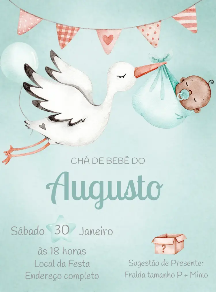 Convite Chá De Bebê Cegonha Aquarela Fraldas