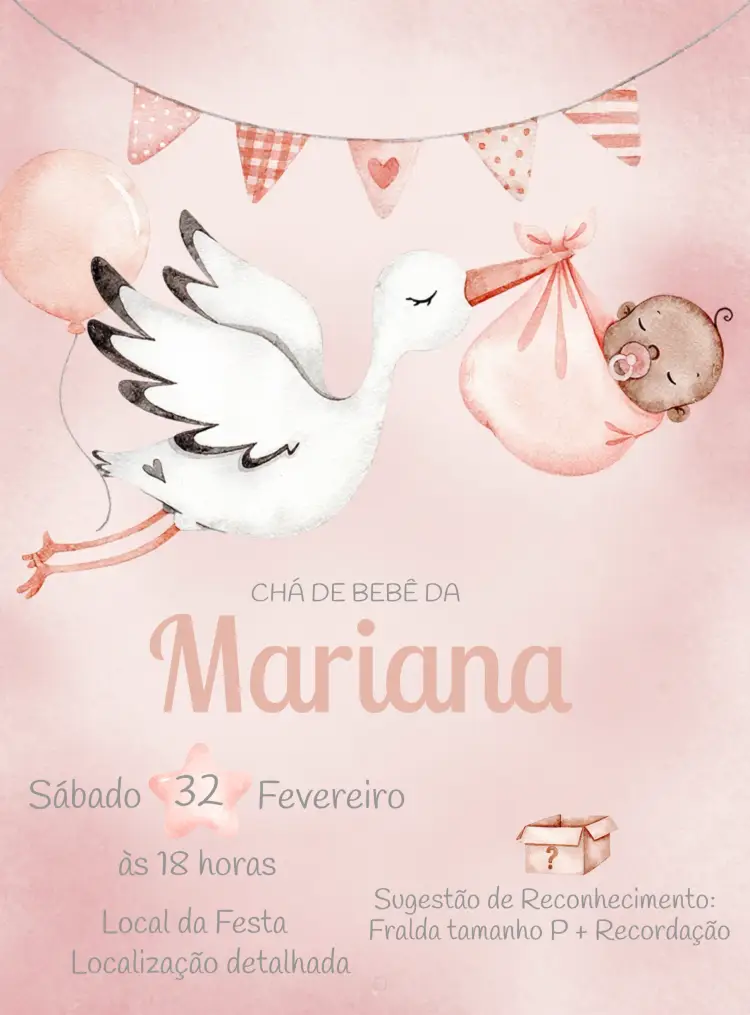 Convite Chá De Bebê Cegonha Aquarela Rosa