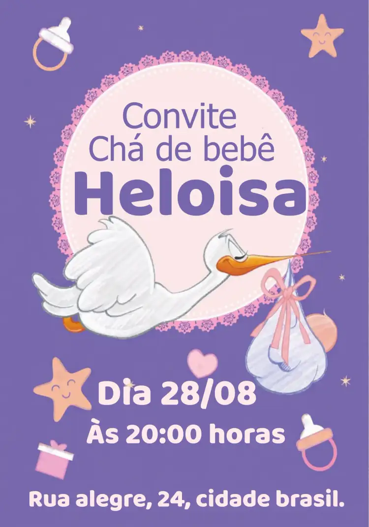 Convite Chá De Bebê Cegonha Gaivota – tema Chá Revelação roxo, branco, lúdico, infantil, moderno