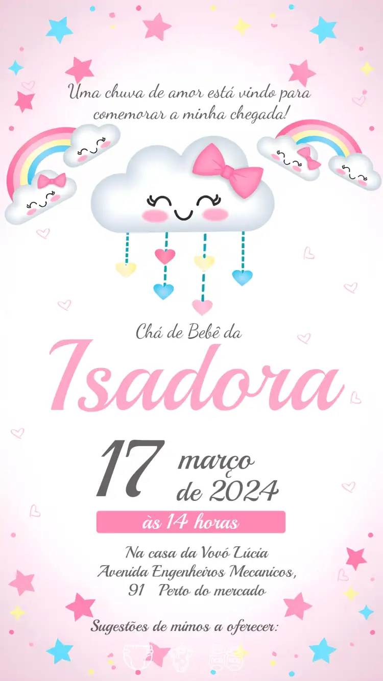 Convite Chá De Bebê Chuva Amor Bebe – tema Chá de Panela rosa suave, branco delicado, cinza neutro, corações, chuva, estilo moderno