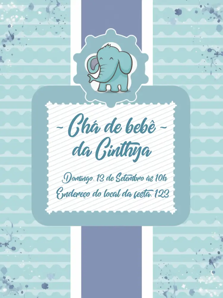 Convite Chá De Bebê Elefante Azul Neném – tema Chá de Fraldas azul, fofo, infantil, divertido, animais