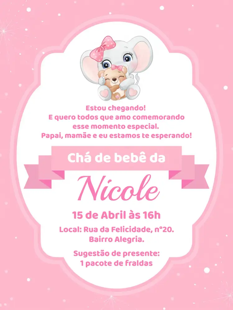 Convite Chá De Bebê Elefantinha Bebe – tema Chá de Panela rosa, branco, elefantinha, divertido, infantil, colorido