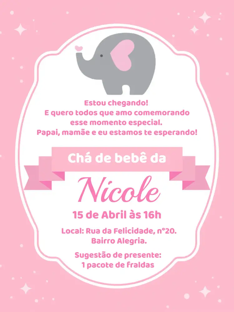Convite Chá De Bebê Elefantinha Branco – tema Chá de Panela delicado, suave, infantil, colorido, moderno, lúdico