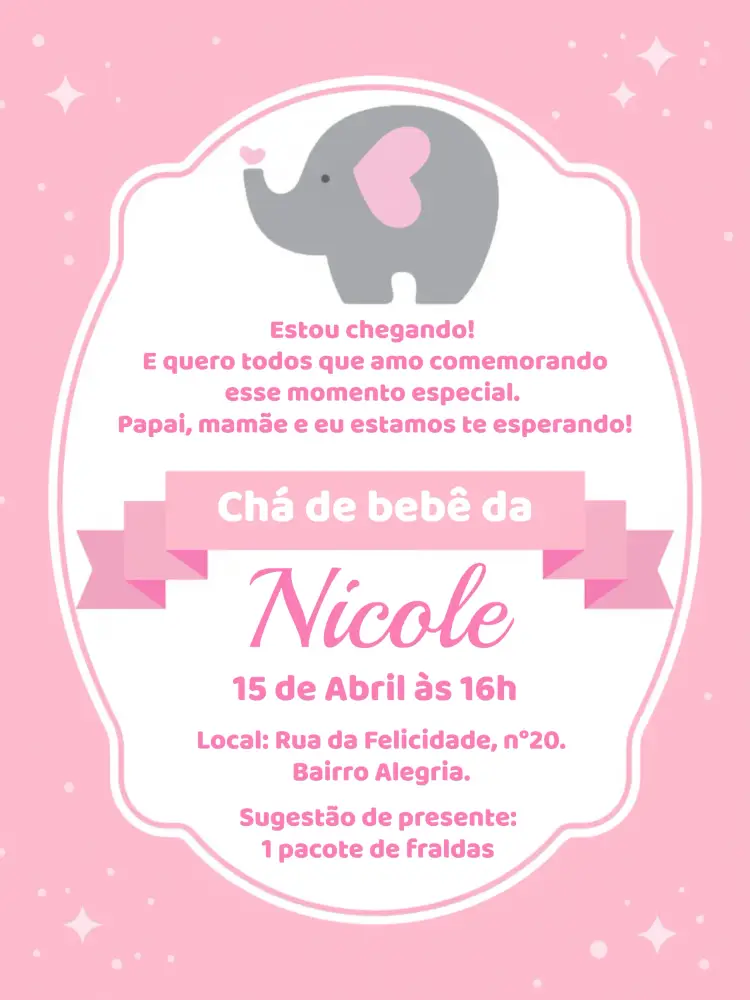 Convite Chá De Bebê Elefantinha Branco