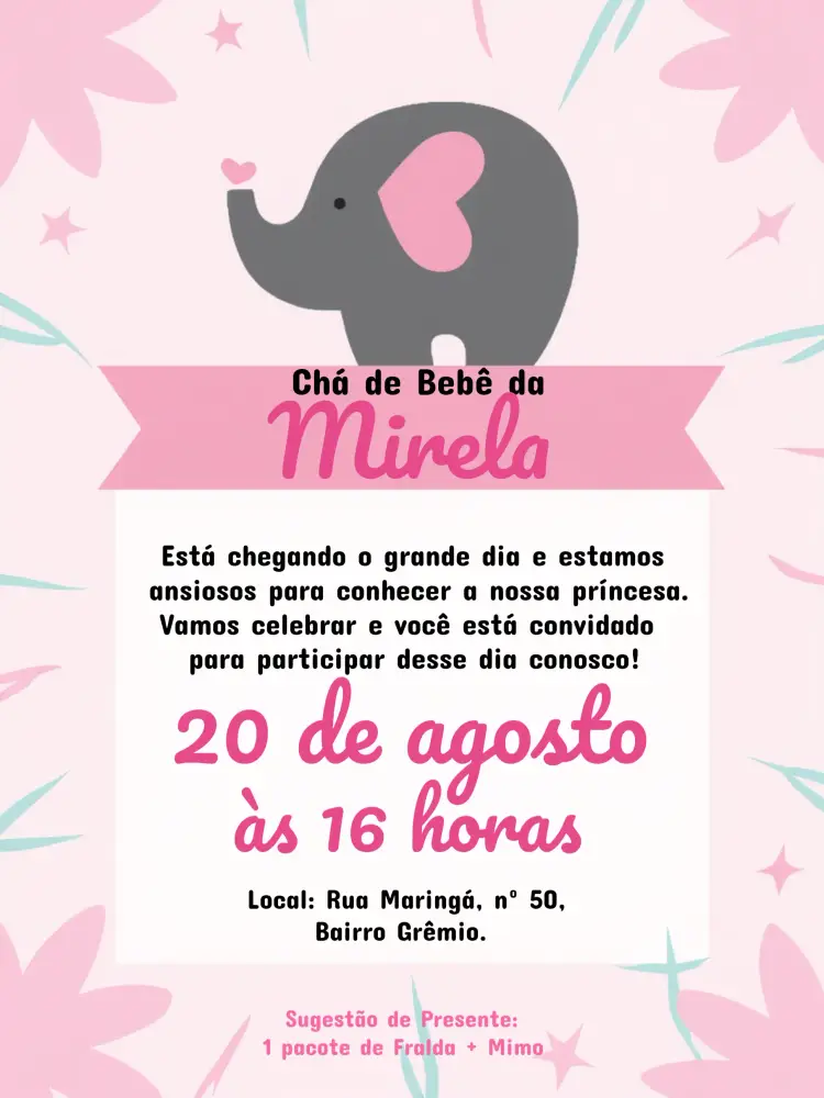 Convite Chá De Bebê Elefantinha Elefante