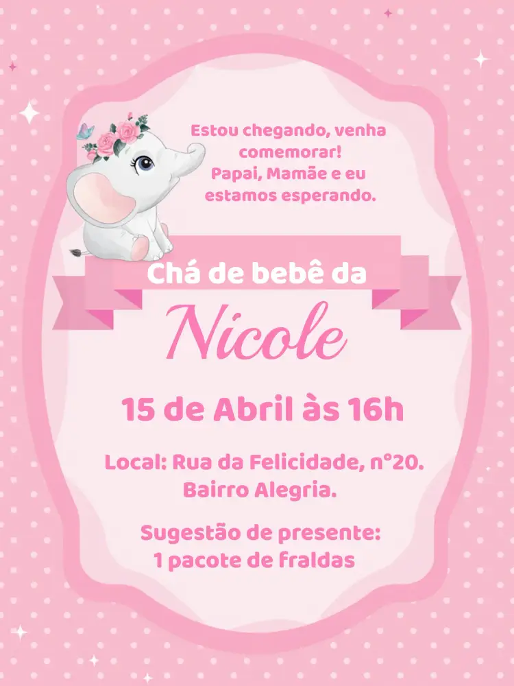 Convite Chá De Bebê Elefantinha Menina – tema Chá de Panela rosa e branco, lúdico, infantil, fofo, minimalista