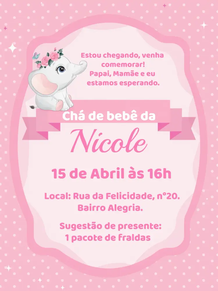 Convite Chá De Bebê Elefantinha Menina