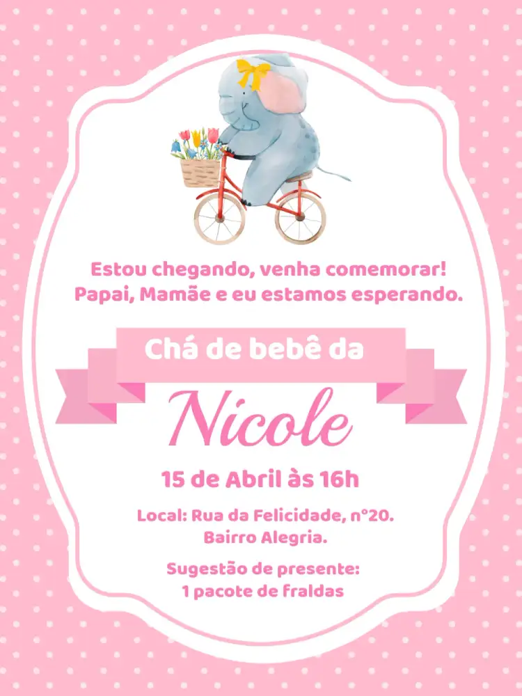 Convite Chá De Bebê Elefantinha Menina – tema Chá de Panela rosas e brancos, animais fofos, lúdico e divertido, delicado e suave, moderno e prático