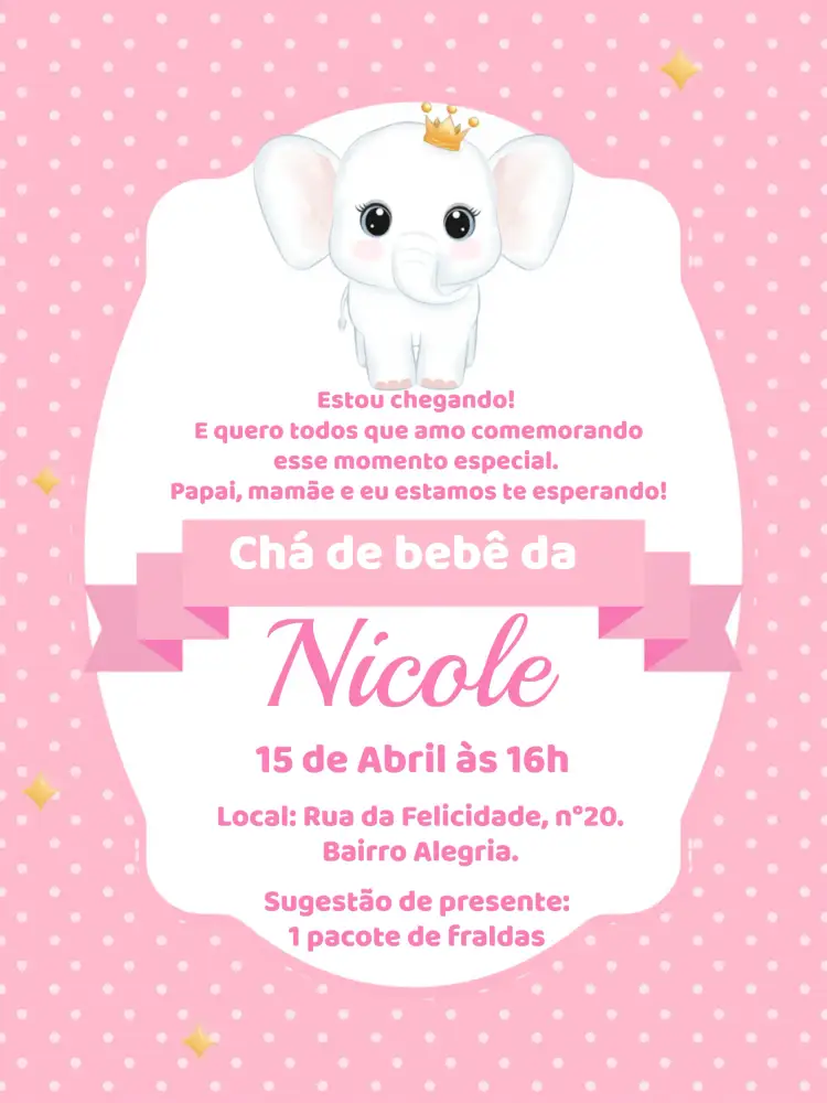 Convite Chá De Bebê Elefantinha Rosa – tema Chá de Panela rosa, branco, fofo, infantil, minimalista, divertido