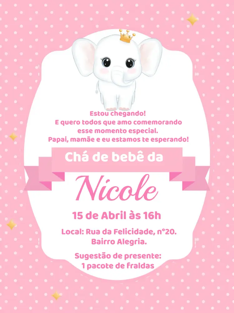 Convite Chá De Bebê Elefantinha Rosa