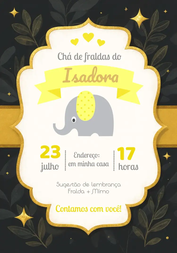 Convite Chá De Bebê Elefantinho Amarelo Cinza – tema Chá de Panela elefantinho, amarelo e cinza, moderno, infantil, ilustrações fofas, minimalista
