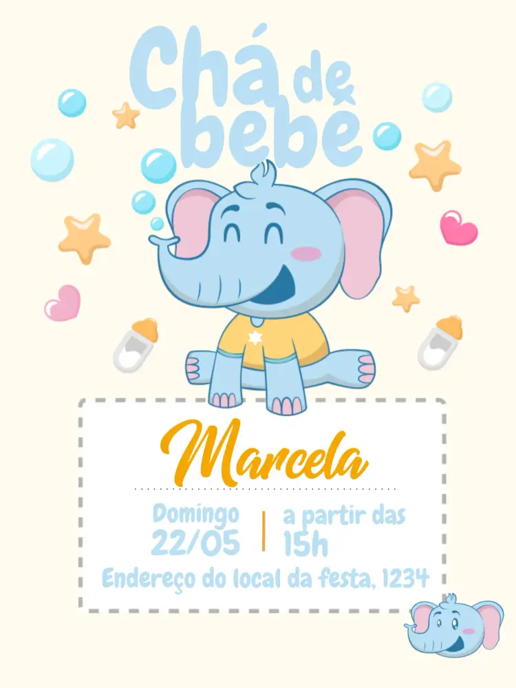 Convite Chá De Bebê Elefantinho Azul Fraldas
