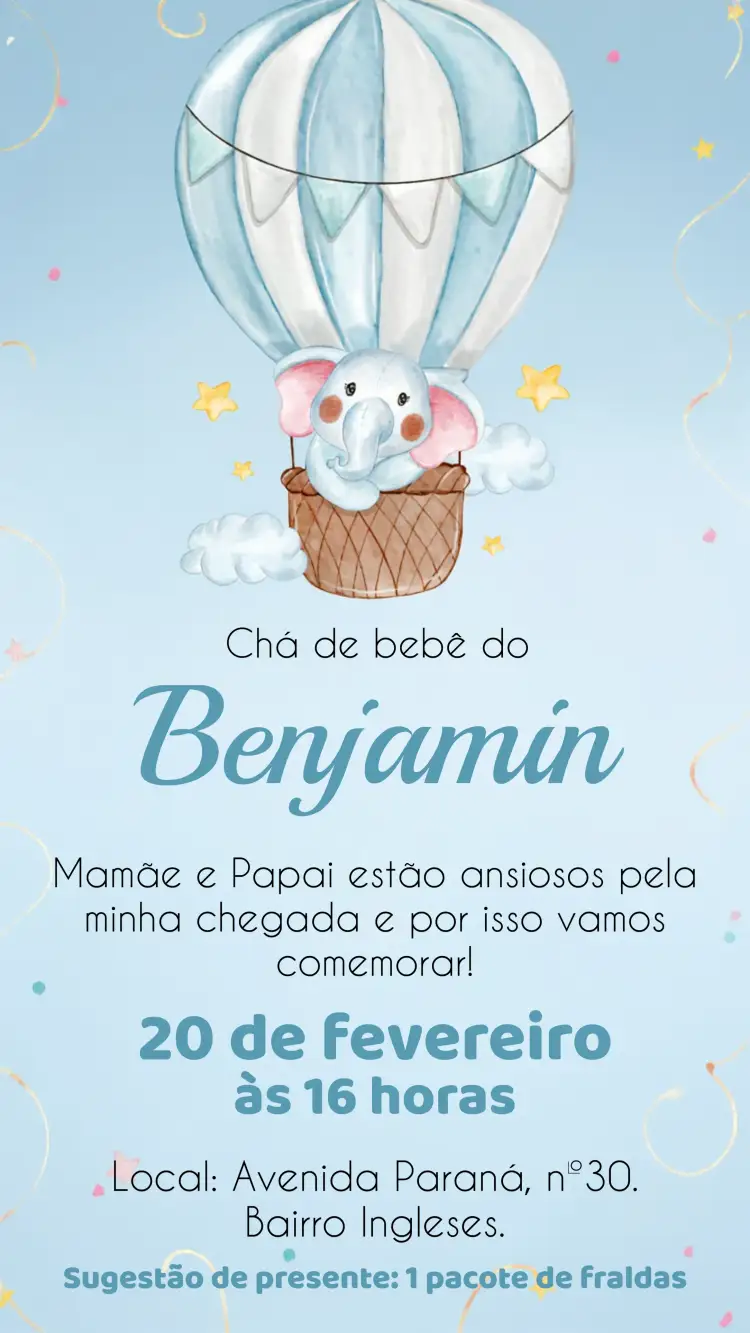 Convite Chá De Bebê Elefantinho Baloeiro Safari – tema Mais pesquisados safari, animais, balões, azul e branco, infantil, divertido