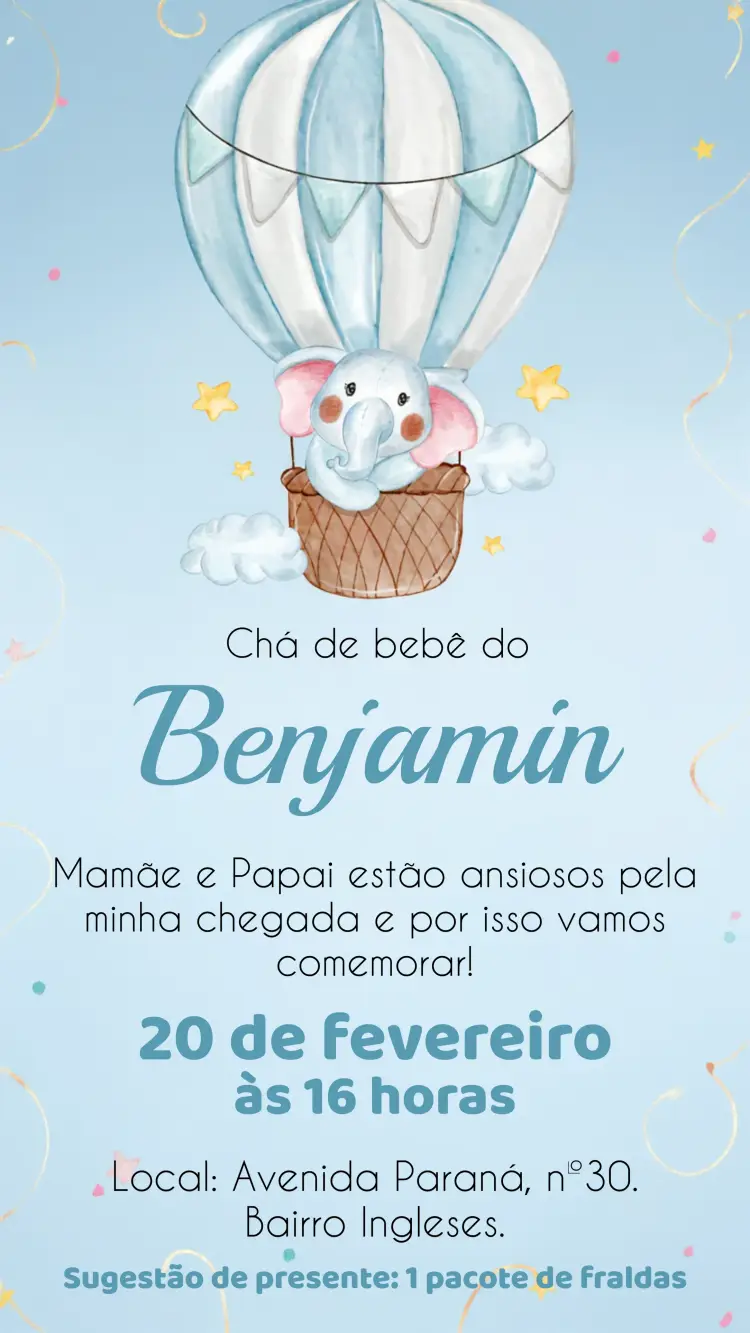 Convite Chá De Bebê Elefantinho Baloeiro Safari
