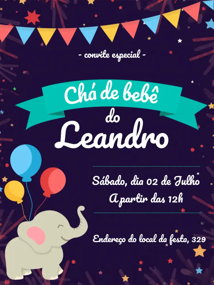 Convite Chá De Bebê Elefantinho Balões – tema Chá de Fraldas colorido, infantil, divertido, lúdico, moderninho, alegre