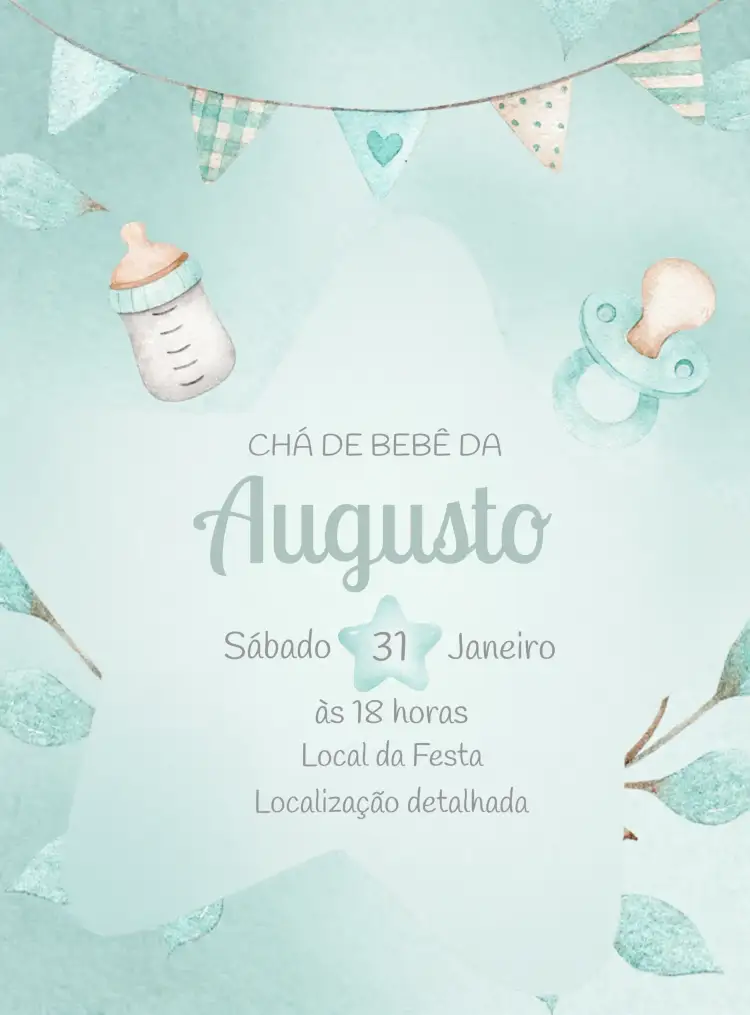 Convite Chá De Bebê Estrela Aquarela Fraldas – tema Chá de Fraldas aquarela, verde suave, lúdico, infantil, moderno, delicado